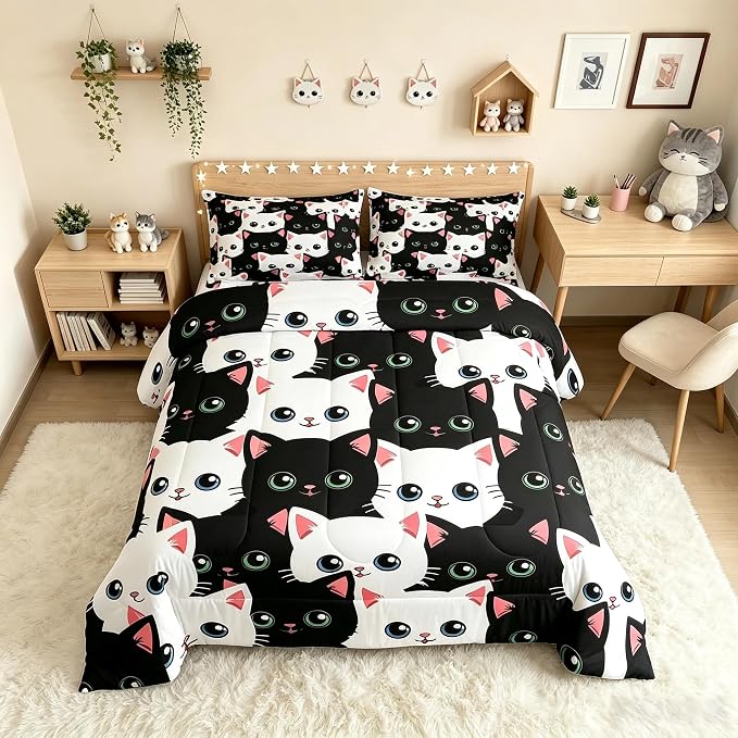 Feelyou Kids Cat Bedding Comforter Set Cartoon Cat King Size,Cute Kitty Bedding Set for Teens Kids Boys Girls Adults Kawaii Animal Room Decor, All Season,2 Pillow Cases,Black White by Feelyou