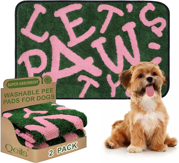 Qeils Reusable Puppy Pads , Washable Pee Pads for Dogs 23" x 36" 2 Pack | Super Absorbent & Leakproof Potty Training Pads, Plush Grass-Look With Non-Slip Backing For Crates, Playpens & Small Pets by Qeils