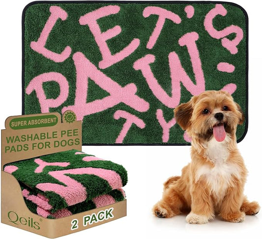 Qeils Reusable Puppy Pads , Washable Pee Pads for Dogs 23" x 36" 2 Pack | Super Absorbent & Leakproof Potty Training Pads, Plush Grass-Look With Non-Slip Backing For Crates, Playpens & Small Pets by Qeils