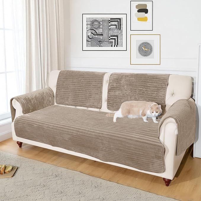 NAISI Couch Covers for Dogs Waterproof Flannel Striped Sofa Cover Pet Friendly Washable Dog Mat for Couch Anti Slip Sectional Sofa Slipcover Protector(1pc/35"x 70",Khaki) - Image 4