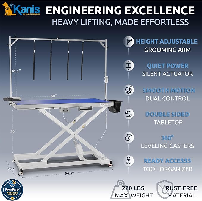 KANIS Professional Electric Dog Grooming Table - Heavy Duty | Height Adjustable Pet Grooming Table w/Leveling Wheels, Dog Grooming Arm, Anti-Slip Tabletop & Tool Organizer (White, 60") - Image 2