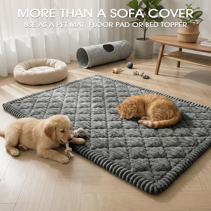 Non-Slip Washable Couch Cover for Dogs, Thick Plush Grid Flannel | 27.6"x82.7", Dark Gray, 0.8" Thick, Rubber Dot Backing, Pet-Friendly Protector for Sofa, Floor, Window Seat, Car or Camping - Image 7