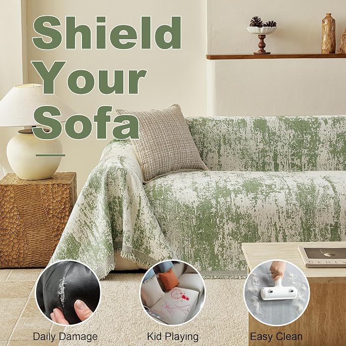 VClife Boho Couch Cover, Non Slip Soft Couch Covers for 3 Cushion Couch Sofa Pet Friendly, Irregular Vintage Green Off-White Scraped Texture Furniture Protector Sofa Slipcover for Dog, 71" X 134" - Image 5