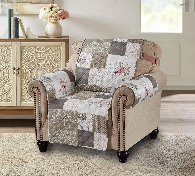 Brilliant Sunshine Pink Rose & Grey Toile Couch Armchair Cover, 23" seat | Patchwork Design, Non Slip Sofa Cover, Quilted Furniture Protector, Washable Chair Slipcover for Pets, Dogs & Cats - Image 6
