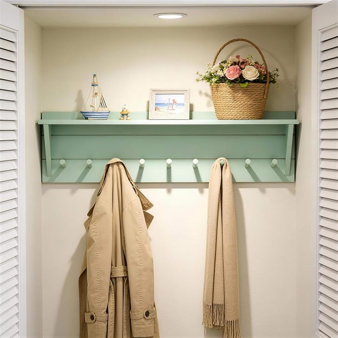 WEBI Coat Rack Wall Mount with Shelf,36" Long Entryway Wall Shelf with Hooks Underneath,9 Peg Hooks for Hanging Coats,Caps,Jacket,Clothes,Light Green - Image 9