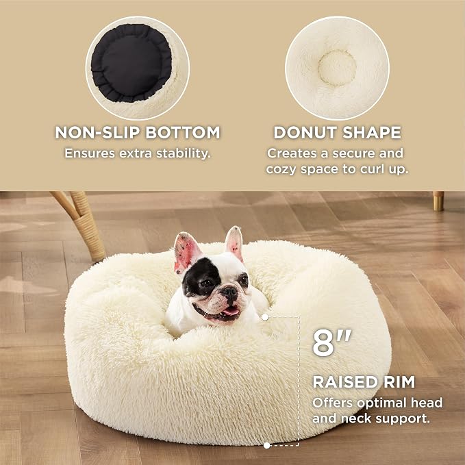 Bedsure Calming Small Medium Dog Bed Donut Washable Puppy Bed,27ins Cream | Fluffy Faux Fur Round Cuddler,Machine Washable,Anti-Slip Bottom,Anti-Anxiety,Deep Sleeping for Pets Up to 35 Lbs - Image 3