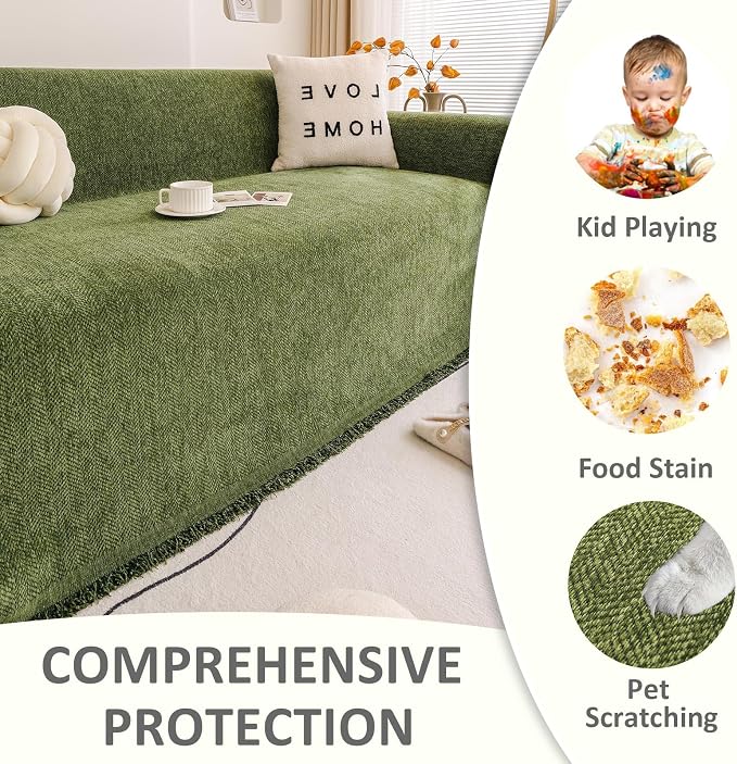 VClife Couch Cover for Dog Green Sofa Covers for Sectional Sofa, Non Slip Chenille Sofa Slipcover Protector with Tassel, Boho Chic Couch Cover Throw Washable Furniture Couch Protector, 71"X118" - Image 3