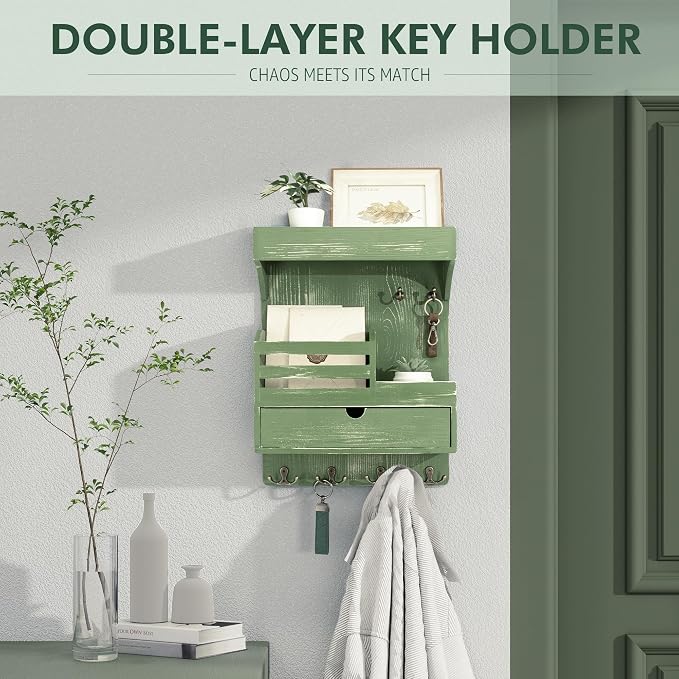 Rebee Vision Key Holder Wall Mount with 6 Key Hooks for Entryway, Green | Pine Wood, Key Holder for Wall, Floating Shelf, Plant Display, Small Drawer Organizer, Mail Sorter, Room Decor, Home Storage - Image 3