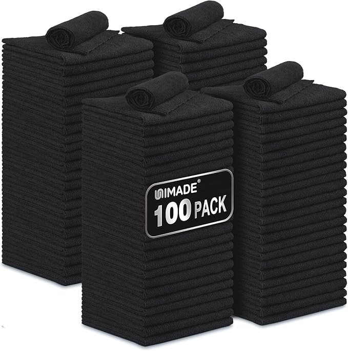 UNIMADE Microfiber Cleaning Cloth, 100 Pack Microfiber Towels for Cars | Commercial Grade Work Rags Bulk Detailing Cloth for Automotive Bar Mechanic Garage Housekeeping, 11.5"x 11.5", Black by Unimade