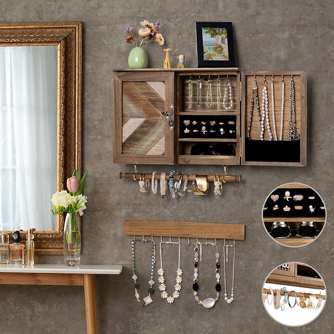 ikkle Wooden Jewelry Organizer Wall Mounted, Hanging Jewelry Holder with Removable Bracelet Rod and Hooks for Necklaces Earrings Bracelets Rings, Brown - Image 5