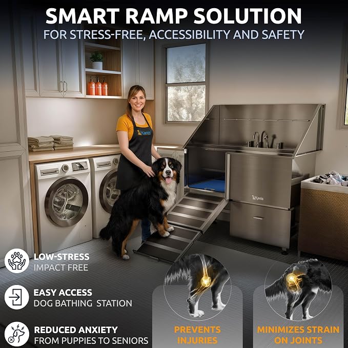KANIS Professional Dog Washing Station 304 Stainless Steel Pet Wash Sink | Grooming Bathtub w/Shower, Floor Grates and Storage for Large, Medium & Small Pets (Silver, 50 Inches, Left Ramp, 1 Drawer) - Image 3