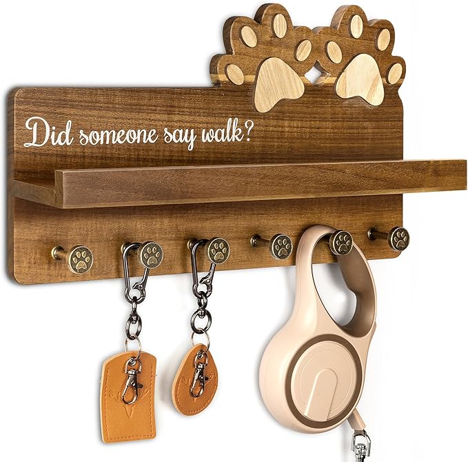 MTERSN Farmhouse Dog Leash Holder for Wall - Decorative Key Hooks Wall Mount with Paw Shape and 6 Unique 3D Hooks - Dog Lover for Home Decor (Acacia Wood) by MTERSN