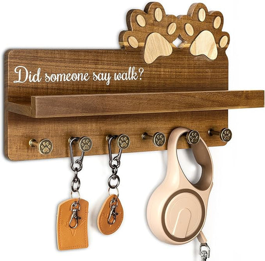MTERSN Farmhouse Dog Leash Holder for Wall - Decorative Key Hooks Wall Mount with Paw Shape and 6 Unique 3D Hooks - Dog Lover for Home Decor (Acacia Wood) by MTERSN