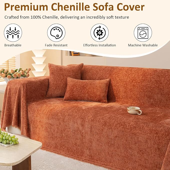 Burnt Orange Thick Slub Chenille Couch Cover Ultra Soft for All Shape Sofa Couch Furniture Protector, Orange Sofa Slipcover Protector for Dogs Pets Kids XL 71x134’’ | for All Shape Sofa Couch Furniture Protector, Orange Sofa Slipcover Protector for Dog... - Image 2