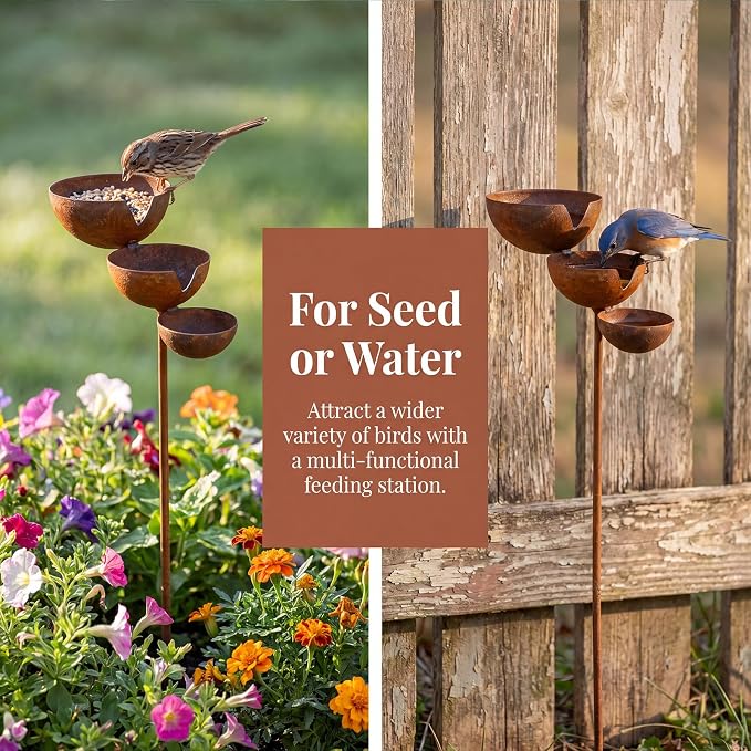 Multi-Tier Rain Catcher Garden Stake Bird Bath for Outdoors - Rustic Metal Bee Watering Station, Decorative Flower Garden Stakes for Lawn Yard Landscaping (Natural Rust Color) - Image 7
