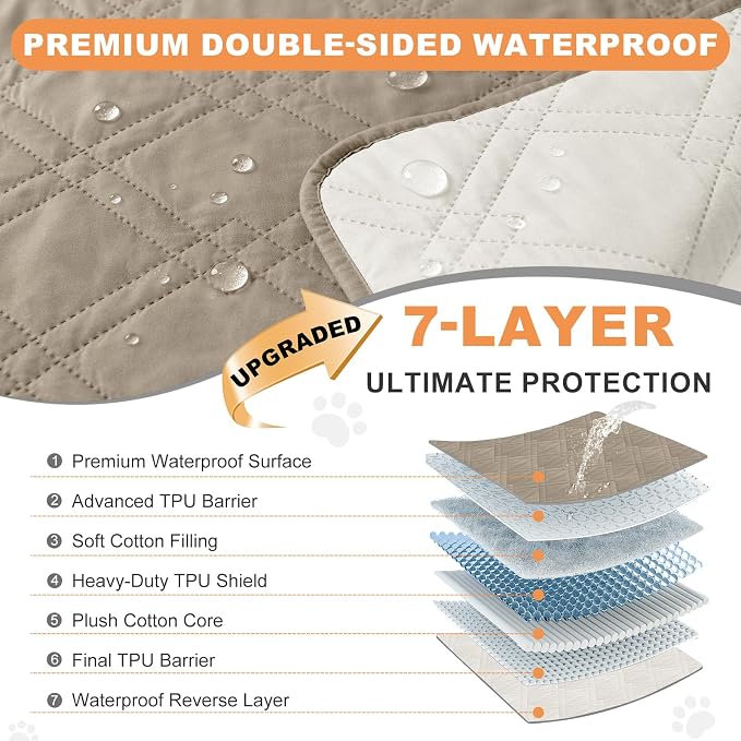 Dog Bed Cover 82"x92", Khaki+Off White | 100% Waterproof, 7-Layer Reversible, Washable, For Furniture Couch Sofa Car - Image 2