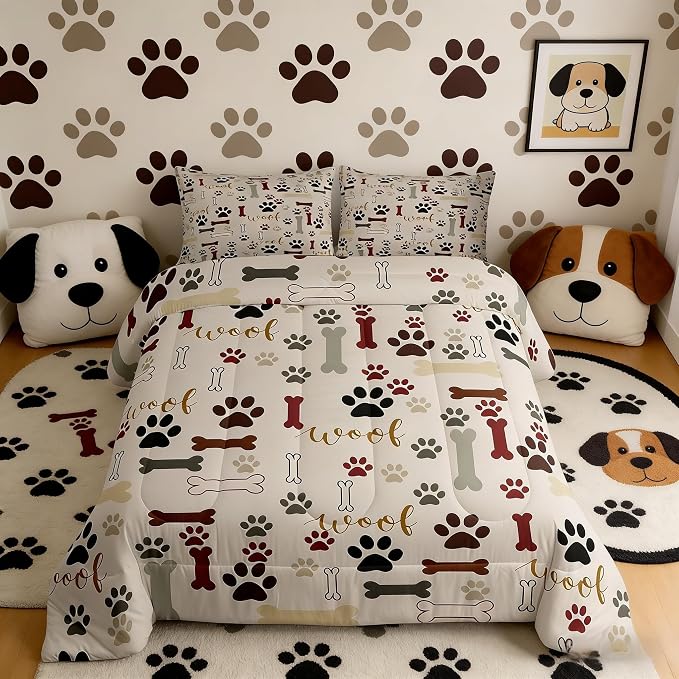 Homewish Dog Paw Print Comforter Set Full Size,Bone Pattern Bedding Set 3pcs for Kids Teens Girls Boys Room Decor,Pet Animal Quilt Set Cartoon Duvet Insert with 2 Pillowcases by Homewish