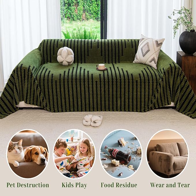 Non Slip Couch Covers for 3-4 Cushion Couch Sofa, Pet Friendly Sofa Covers Washable, Heavy Duty Scratch Resistant Furniture Cover for Dogs Fits 3 Seat, 71" x 150", Green - Image 4