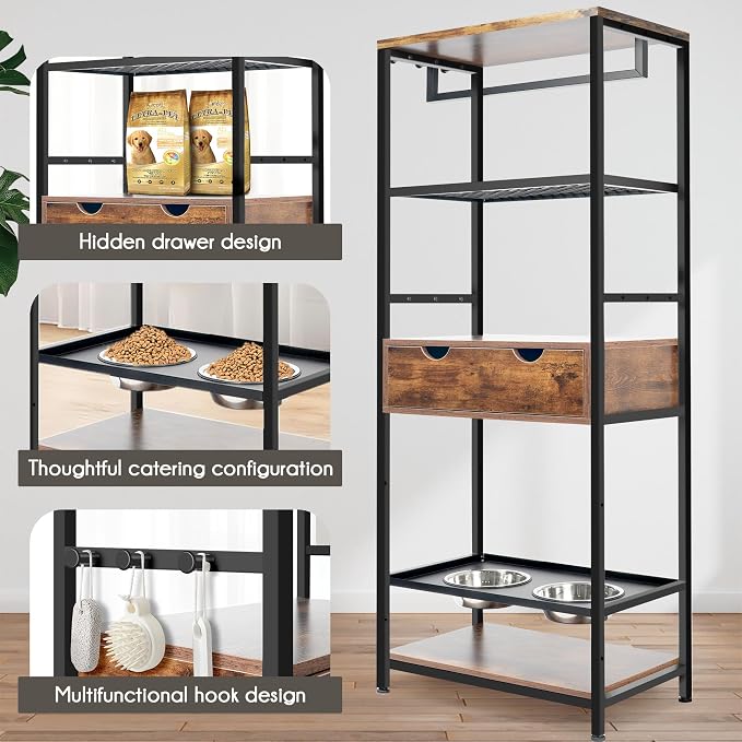 Dog Feeding Station Storage Furniture Shelves with Drawer, 3 Levels Height Adjustable Raised Dog Bowls - Image 4