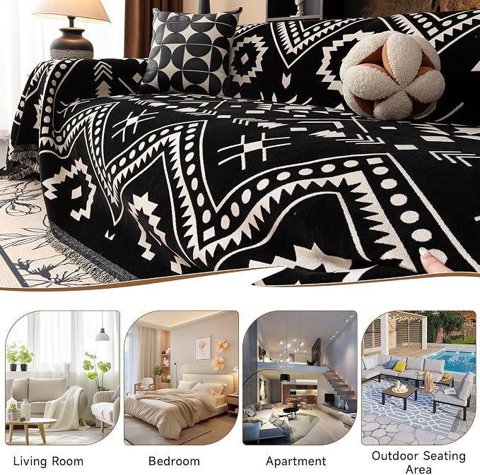 VClife Extra Large Couch Cover for Oversize Sofa Bohemian Sofa Slipcover, Aztec Geometric Chenille Sofa Cover Washable White Black Tribal Pattern Couch Protector Futon Cover 71" X 150" - Image 5