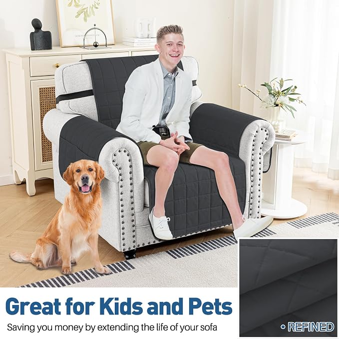 MAXIJIN Waterproof Chair Cover Slipcovers for Pets Dogs, 23.5" Quilted Armchair Sofa Cover Washable Dog Couch Covers Protector with Elastic Strap & Side Pocket (Chair, Black) - Image 2