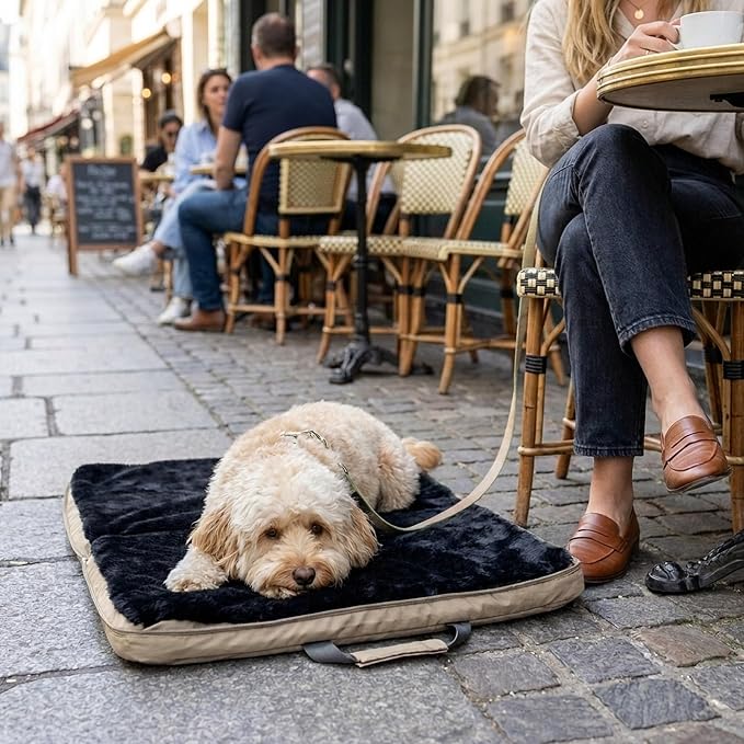 4 Cats & Dogs Gus Travel Bed – Portable Foldable Dog Bed & Pet Cushion Mat with Soft Faux Fur, Water-Resistant Nylon, Zippered Suitcase Design for Camping & Travel- Small (24″ x 31.5″), Sandy - Image 2