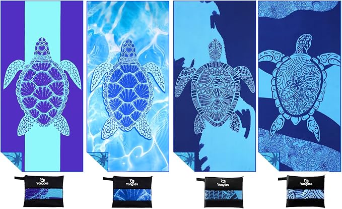 Yongoes 4 Pack Microfiber Beach Towel Oversized 71x32 Blue Turtle Bulk | Lightweight Thin,Sand Free,Super Absorbent Quick Dry Large Towels for Swim Pool Bath Travel Vacation Accessories Essentials by Yongoesbeachtowel