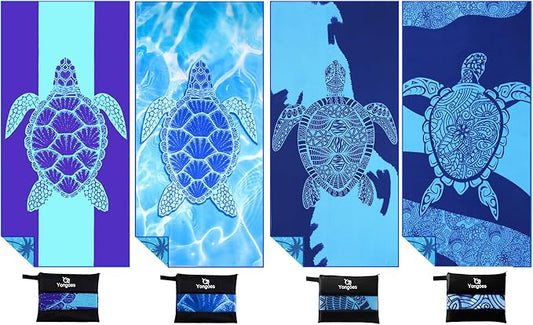 Yongoes 4 Pack Microfiber Beach Towel Oversized 71x32 Blue Turtle Bulk | Lightweight Thin,Sand Free,Super Absorbent Quick Dry Large Towels for Swim Pool Bath Travel Vacation Accessories Essentials by Yongoesbeachtowel