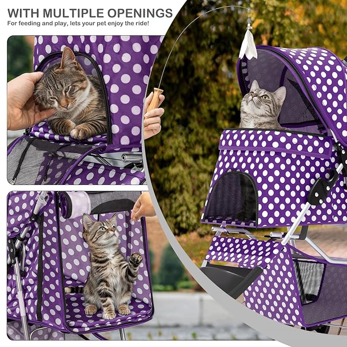 MoNiBloom 3 Wheels Pet Dog Cat Stroller for Small Medium Dogs Cats, Foldable Jogger Stroller w/Storage Basket and Cup Holder, Purple Polka Dots