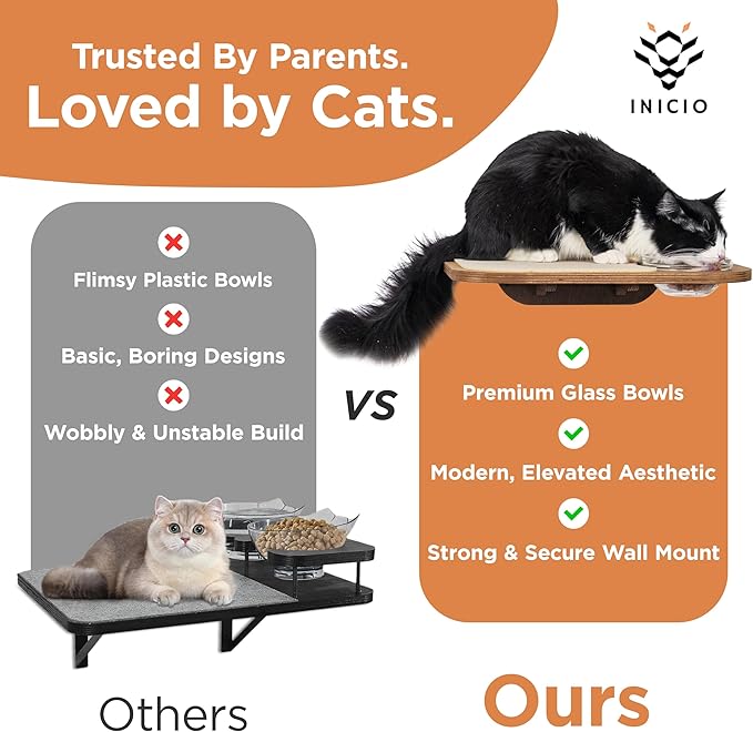 INICIO Cat Shelves - Feeding Shelf with 3 Cat Wall Steps - Natural Wood | Cat Wall Shelves with Wall Mounted Cat Food Bowls - Dog Proof Feeding Station and Convenient Feeder for Cats up to 15lbs - Image 6