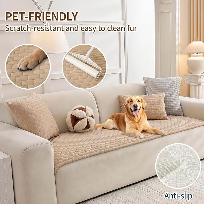 Warmstar Waterproof Couch Cover for Dogs Washable,Brick Pattern Short Plush Pet Couch Covers for Sofa,Soft Sofa Cover Non-Slip for 3 Cushion Couch Sofa Pet Friendly (Khaki, 27.6" x 70.9") - Image 3