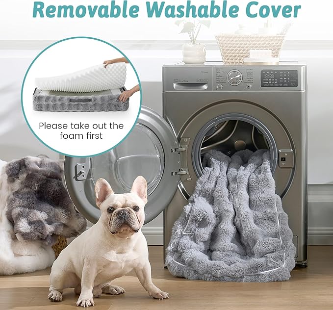 COZY KISS Orthopedic Dog Bed for Large Medium Size Dog, Soft and Warm Faux Fur Sofa for Pet Up to 75 lbs, Foam Bolster Anti-Slip Couch with Washable Removable Cover, L 36x27x6.5 inch, Grey - Image 6