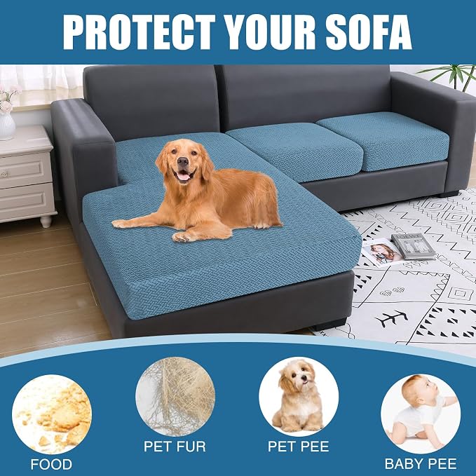 Smiry Waterproof Couch Cushion Covers, L Shape Sectional Couch Covers | Stretch Jacquard Chaise Lounge Sofa Slipcover, Washable Elastic Furniture Protector for Pets, Chaise, Blue - Image 5