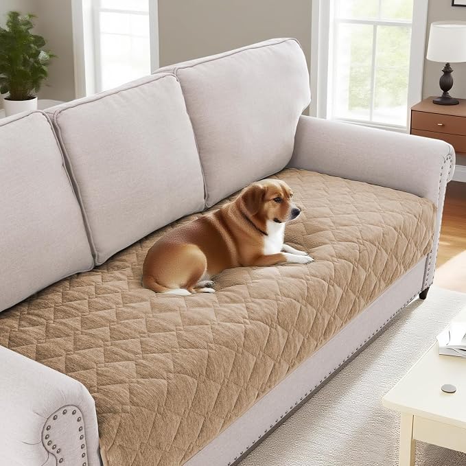 H.VERSAILTEX Couch Cover Chenille Pet Fuzzy Sofa Covers for 3 Cushion Couch Anti Slip Washable Sofa Slipcovers with Strap Soft Couch Protector Cover for Dogs Cats Kids(34.5" x 74",Khaki) by HVERSAILTEX