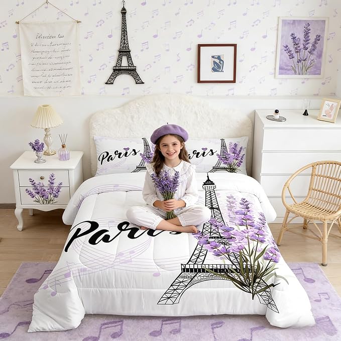 Homewish Eiffel Tower Comforter Set King Size, Purple Lavender Flowers Print Bedding Set, Romantic Paris City Floral Style Decor for Kids Girls Boys Teens, 3pcs Polyester Quilt Duvet Dorm Bedroom, - Image 2