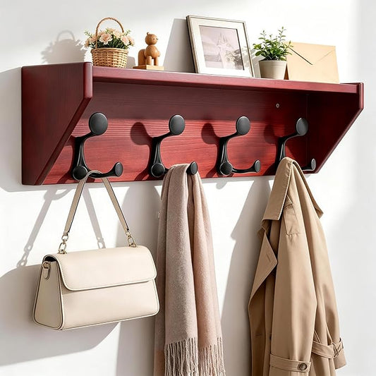 SKOLOO Wall Shelf with Hooks, 24-Inch Cherry Coat Rack Wall Mount with Shelf Organizer - Heavy Duty, 4 Tri Hooks - Perfect for Entryway, Hallway, Living Room, Bedroom, Mudroom by SKOLOO