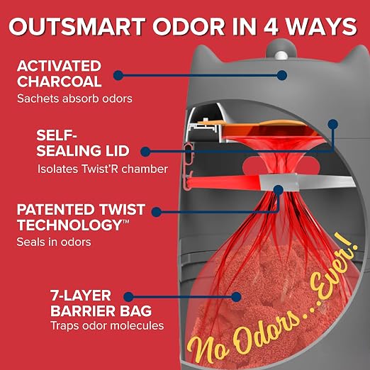 Red Rocket Kitty Twist'R Plus Cat Litter Disposal System, Litter Trash Can | Grey, Odor Control, Large Capacity, Holds Up to 12 Lbs, Includes 2 Size #1 Odor Blocking Bags, 2 Charcoal Sachets, Scoop - Image 3