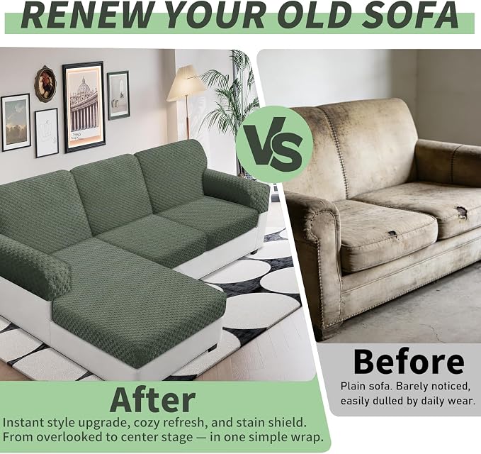 YEMYHOM Couch Cushion Covers for Sofa, Stretch Sectional Couch Seat Cushion Covers Washable Thick Furniture Protector Sofa Slipcovers for Pets (2 Seater + 1 Chaise, Army Green) - Image 4
