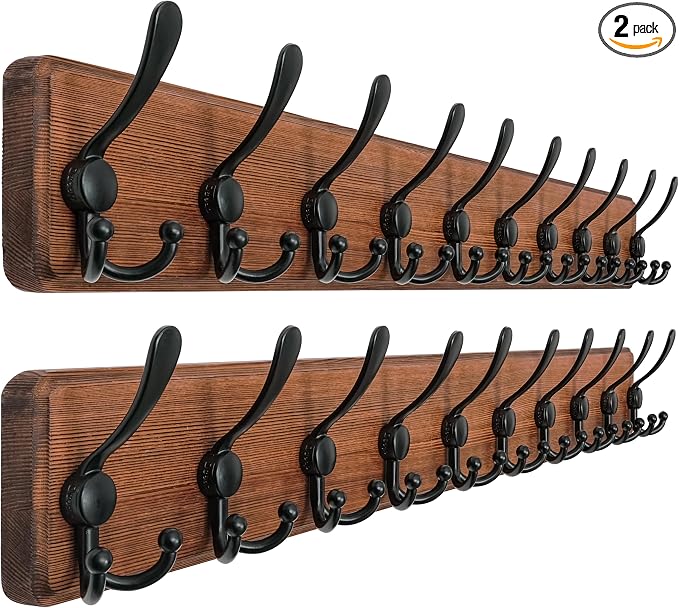 Dseap Coat Rack Wall - Heavy-Duty 38-1/4" Long, with Reinforced 10 Custom Tri-Hooks, Solid Wood Wall Hanger for Coats Hat Jackets - Rustic Farmhouse Entryway Storage, Natural & Black, Pack of 2 by Dseap