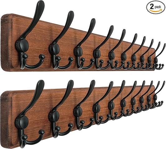 Dseap Coat Rack Wall - Heavy-Duty 38-1/4" Long, with Reinforced 10 Custom Tri-Hooks, Solid Wood Wall Hanger for Coats Hat Jackets - Rustic Farmhouse Entryway Storage, Natural & Black, Pack of 2 by Dseap