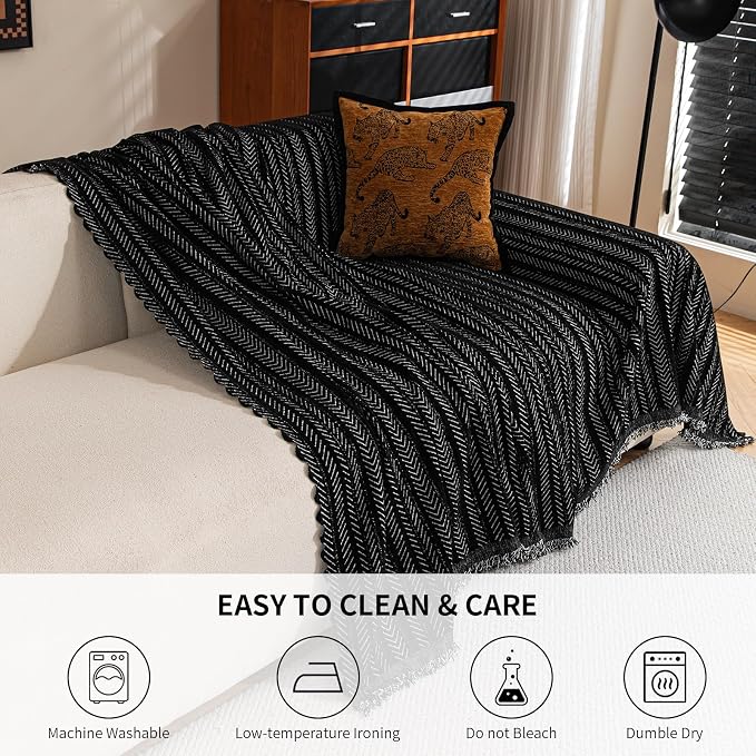 Sofa Covers for 3 Cushion Couch Seat, Loveseat Non Slip Couch Cover Chenille Strip Couch Throw Blankets with Tassels, Sectional Sofa Slipcovers Furniture Protector for Pets, Kids 71"x150", Black - Image 6