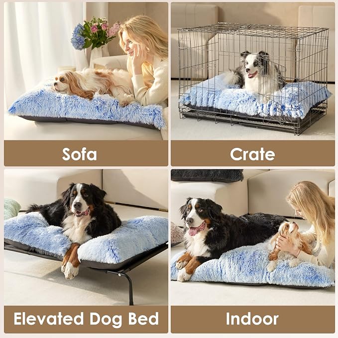 EHEYCIGA Fluffy Dog Crate Bed for Large Dogs, Plush Faux Fur Pad, Blue | Calming Anti Anxiety Large Dog Crate Bed, Washable Soft Warm Mat with Non-Slip Bottom - Image 5