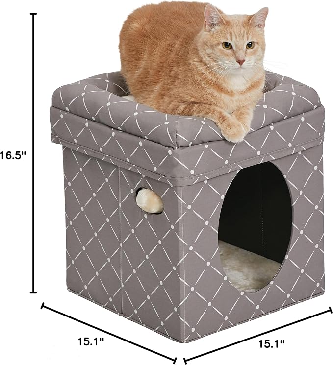 MidWest Homes for Pets Feline Nuvo Curious Cat Cube, Foldable Cat Hideout with Toy, Bolstered Bed Top, Mushroom Diamond, Faux Fur - Image 7