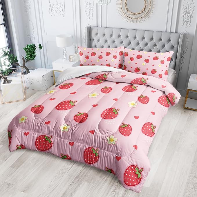 Nttopship Cute Strawberry Comforter Sets, King Size Kids Bedding Sets with Cute Strawberries and Flowers Pattern, All Season Comforter and 2 Pillowcases - Image 3