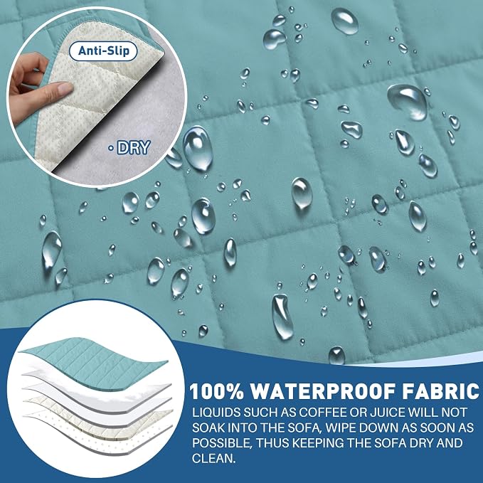 MAXIJIN Waterproof Couch Covers for 3 Cushion Couch Sofa Pet Friendly, 69" Quilted Sofa Covers Washable Dog Couch Cover Protector with Elastic Strap & Side Pocket (Sofa, Clear Blue New) - Image 3