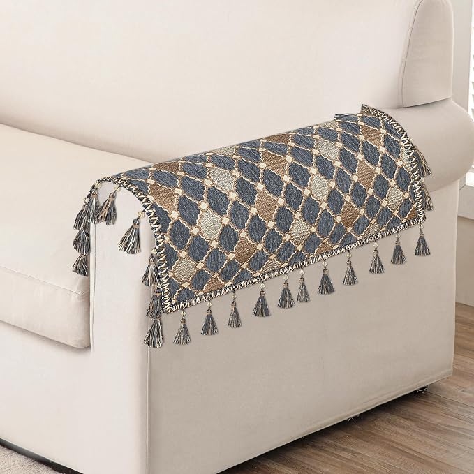 Loom and Mill Chenille Sofa Arm Covers 2 PCS, Blue-Grey+Khaki+Beige,20x24in | Elegant Checkered Jacquard Couch Armrest Cover with Tassels, Non-Slip Furniture Protector for Chair Sofa Couch Dogs Pets - Image 6