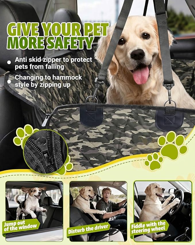 Dog Car Seat Cover, 600D Heavy Dute Car Seat Cover for Dogs Pets, 100% Waterproof Anti-Scratch Nonslip Dog Hammock for Cars, Seat Covers Protector with SeatBelt for Sedan SUV Truck Standard Camo - Image 5