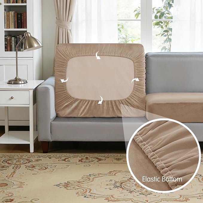 Hokway Velvet Couch Cushion Covers Water Resistant Seat Covers Stretch Sofa Cushion Protector(3 Cushion XL-Sofa, Camel) - Image 4