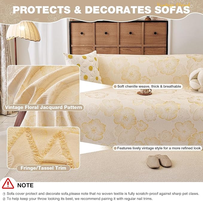 STACYPIK Botanical Floral Sofa Cover for Pets, Boho Jacquard Beige Couch Cover for 3 Cushion Couch, Farmhouse Vintage Couch Cover L Shape for Sectional, Versatile Throw Blanket Living Room-71X134IN - Image 3