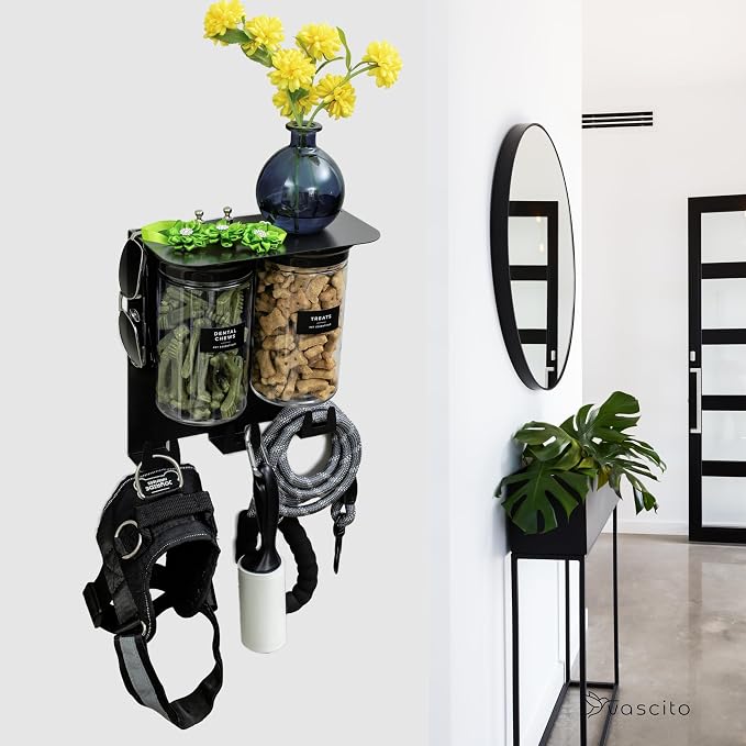 Dog Leash Holder for Wall with Shelf - Wall Mounted Dog Treat Holder & Station, 2 Large Airtight 32oz Treat Containers, 9 Hooks, Patented Lidless Slide-to-Seal Jars, Solid Steel, Made in USA - Image 7